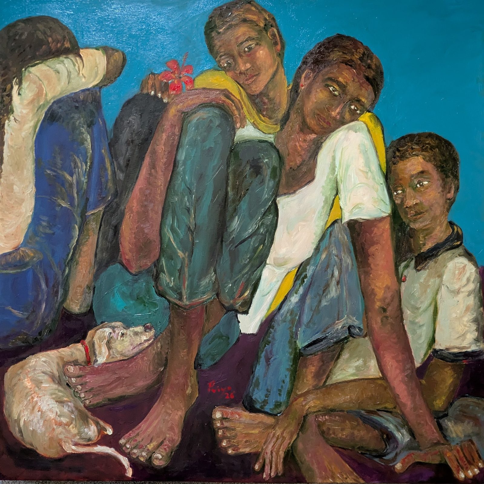Huddle — four figures pressed close, a dog asleep at their feet